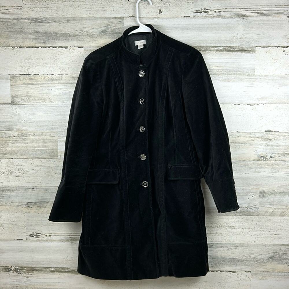 Chico's womens M black velvet button up long sleeve coat jacket